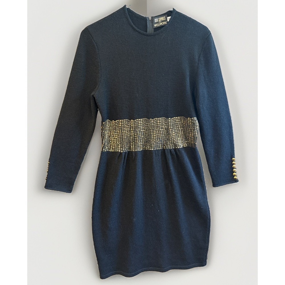 Vintage 80s Don Sayers Wellmore Size:10 Black/Gold Cottagecore Sweater Dress EUC